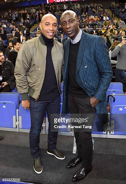 Thierry Henry and Ozwald Boateng attend the Denver Nuggets v Indiana Pacers match as part of the NBA Global Games London 2017 at The O2 Arena on...