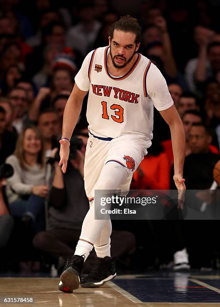 Joakim Noah of the New York Knicks celebrates in the fourth quarter against the Chicago Bulls at Madison Square Garden on January 12, 2017 in New...
