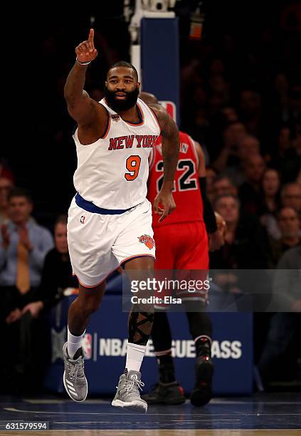 Kyle O'Quinn of the New York Knicks celebrates his dunk in the second half against the Chicago Bulls at Madison Square Garden on January 12, 2017 in...
