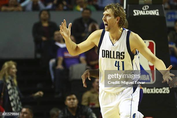 Dirk Nowitzki of Mavericks reacts during the match between Dallas Mavericks and Phoenix Suns at Arena Ciudad de Mexico on January 12, 2017 in Mexico...