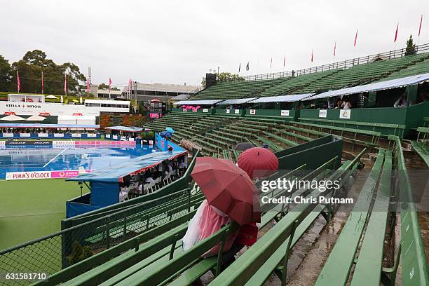 Rain delay interrupts action before the Priceline Pharmacy Kooyong Classic 2017 finals on January 13 2017 in Melbourne, Australia. PHOTOGRAPH BY...