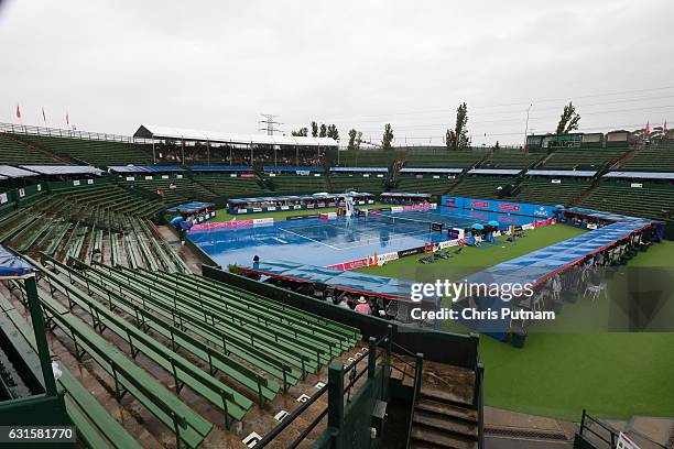 Rain delay interrupts action before the Priceline Pharmacy Kooyong Classic 2017 finals on January 13 2017 in Melbourne, Australia. PHOTOGRAPH BY...