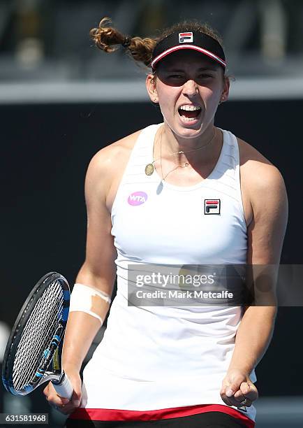 Elise Mertens of Belgium celebrates winning match point in her semi final match against Jana Fett of Croatia during the 2017 Hobart International at...