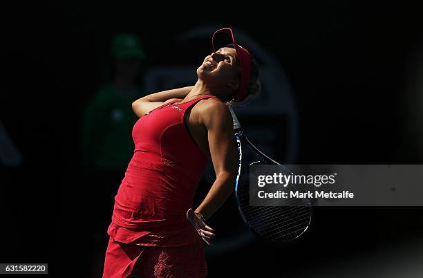 Jana Fett of Croatia serves in her semi final match against Elise Mertens of Belgium during the 2017 Hobart International at Domain Tennis Centre on...