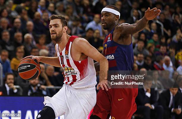 Evangelos Mantzaris and Tyrese Rice during the match between FC Barcelona and Olympiacos, corresponding to the week 17 of the Euroleague, on 12...