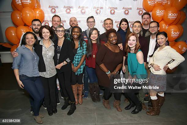 Jen Bender, Anna Louizos, Robyn Goodman, Jason Moore, Ann Harada, Anika Larson, Jeff Marx with the cast attend the 'Avenue Q" 13th Anniversary and...