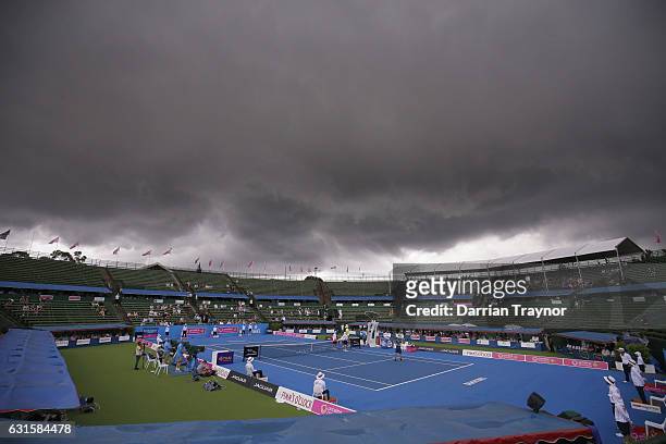 Dark clouds roll over the mens final between David Goffin of Belgium and Ivo Karlovic of Croatia during day four of the 2017 Priceline Pharmacy...