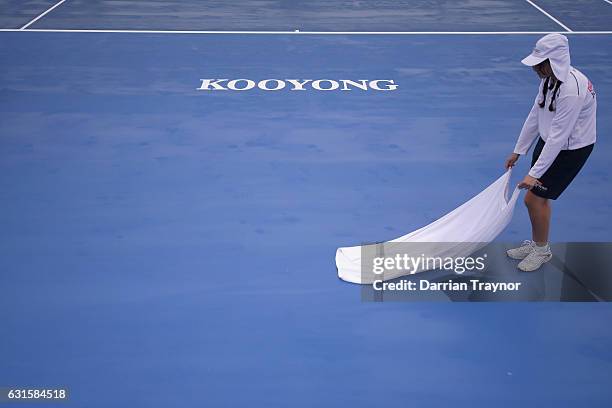 Ball boys and girls dry the court after heavy rain falls before the mens final between David Goffin of Belgium anf Ivo Karlovic of Croatia during day...