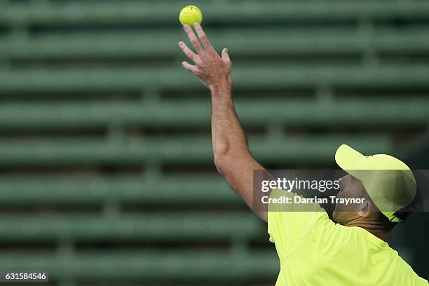 Ivo Karlovic of Croatia serves in the mens final against David Goffin of Belgium during day four of the 2017 Priceline Pharmacy Classic at Kooyong on...