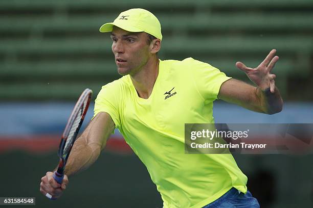 Ivo Karlovic of Croatia plays a backhand shot in the mens final against David Goffin of Belgium during day four of the 2017 Priceline Pharmacy...