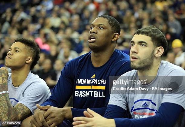 Indiana Pacers Kevin Seraphin watches the game during the NBA Global game at the O2 Arena, London. PRESS ASSOCIATION Photo. Picture date: Thursday...