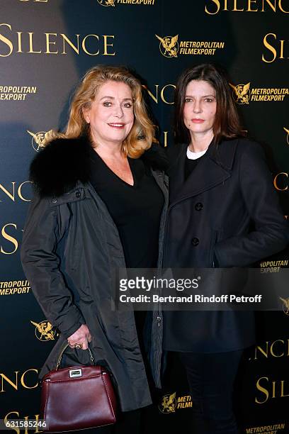 Actresses Catherine Deneuve and her daughter Chiara Mastroianni attend the "Silence" Paris Premiere at Musee National Des Arts Asiatiques - Guimet on...