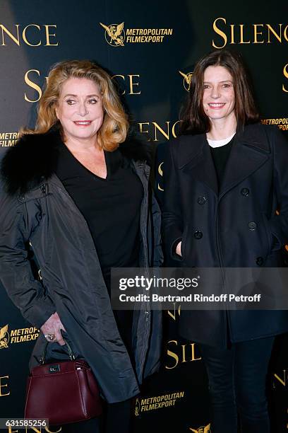 Actresses Catherine Deneuve and her daughter Chiara Mastroianni attend the "Silence" Paris Premiere at Musee National Des Arts Asiatiques - Guimet on...