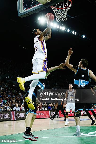 Greg Whittington of the Kings goes up to the hoop during the round 15 NBL match between the New Zealand Breakers and the Sydney Kings at Vector Arena...