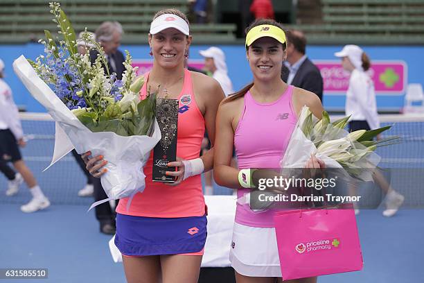 Women's champion Yanina Wickmayer of Belgiumand runner up Saurian Cirstea of Romaniapose for a photo during day four of the 2017 Priceline Pharmacy...