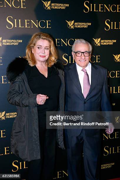 Actress Catherine Deneuve and director of the movie Martin Scorsese, both holders of the "Prix Lumiere" for their careers, attend the "Silence" Paris...