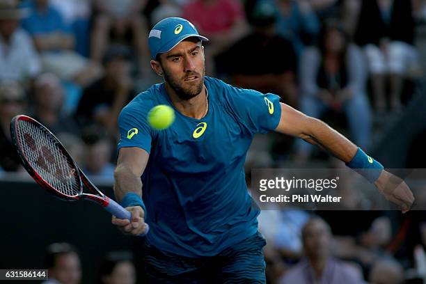 Steve Johnson of the USA playsa a forehand against Jack Sock of the USA in their semifinal match during the ASB Classic on January 13, 2017 in...