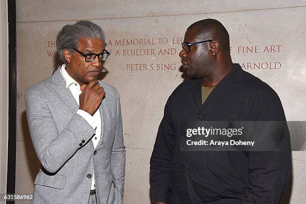 Elvis Mitchell and Steve McQueen attend the Film Independent at LACMA presents screening and Q&A of "I Am Not Your Negro" at Bing Theatre At LACMA on...