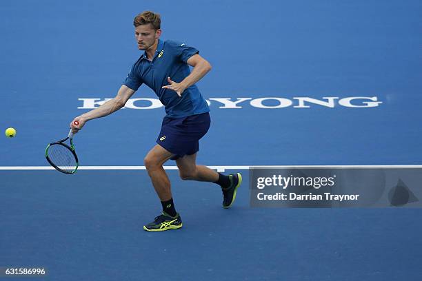 David Goffin of Belgium plays a forehand shot in the mens final against Ivo Karlovic of Croatia during day four of the 2017 Priceline Pharmacy...