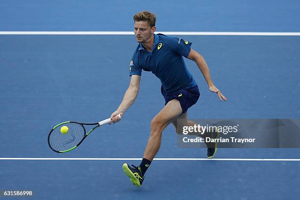David Goffin of Belgium plays a forehand shot in the mens final against Ivo Karlovic of Croatia during day four of the 2017 Priceline Pharmacy...