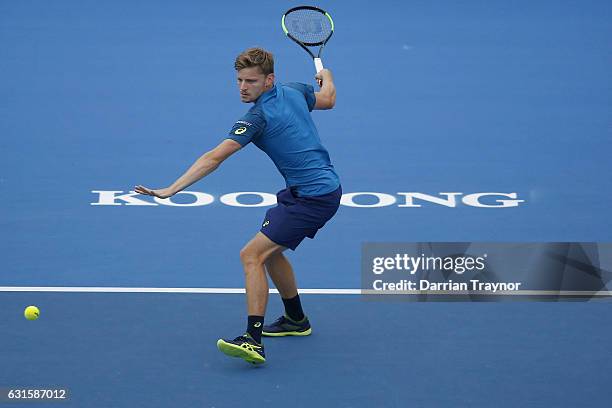 David Goffin of Belgium plays a forehand shot in the mens final against Ivo Karlovic of Croatia during day four of the 2017 Priceline Pharmacy...