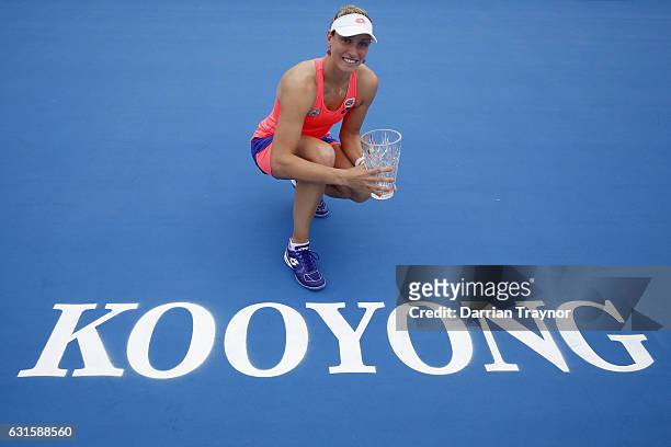 Yanina Wickmayer of Belgium holds the trophy after winning the womens final against Saurian Cirstea of Romania during day four of the 2017 Priceline...