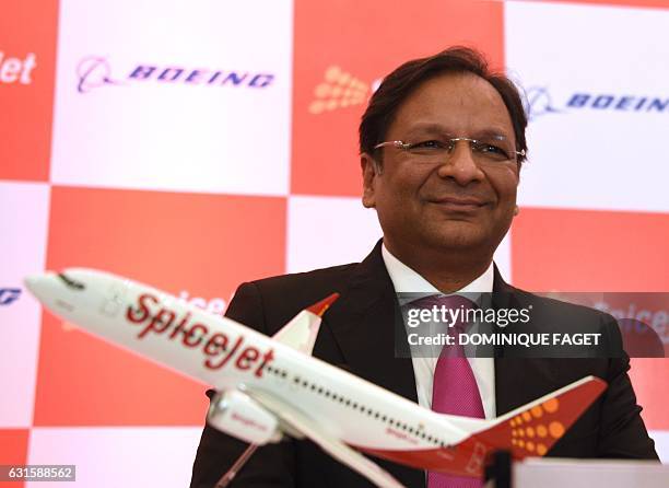 Raymond L. Conner, Vice-Chairman of Boeing, attends a press conference with Spicejet Chairman Ajay Singh in New Delhi on January 13, 2017. Indian...