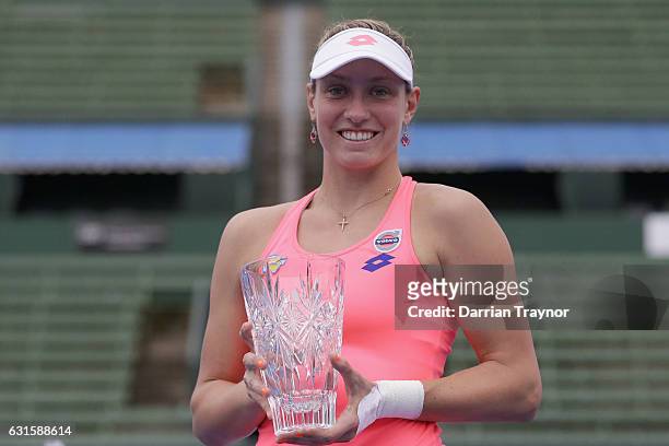 Yanina Wickmayer of Belgium holds the trophy after winning the womens final against Saurian Cirstea of Romania during day four of the 2017 Priceline...