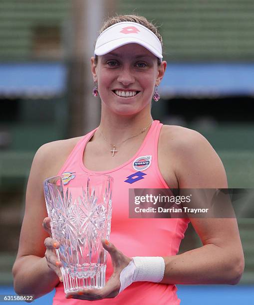 Yanina Wickmayer of Belgium holds the trophy after winning the womens final against Saurian Cirstea of Romania during day four of the 2017 Priceline...