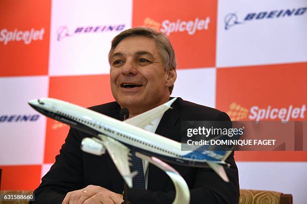 Raymond L. Conner, Vice-Chairman of Boeing, attends a press conference with Spicejet Chairman Ajay Singh in New Delhi on January 13, 2017. Indian...