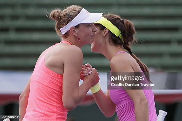 Yanina Wickmayer of Belgiumand Saurian Cirstea of Romania embrace after the womens final during day four of the 2017 Priceline Pharmacy Classic at...