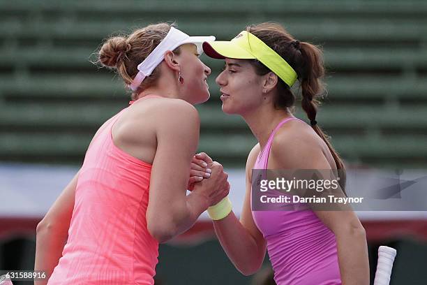 Yanina Wickmayer of Belgiumand Saurian Cirstea of Romania embrace after the womens final during day four of the 2017 Priceline Pharmacy Classic at...