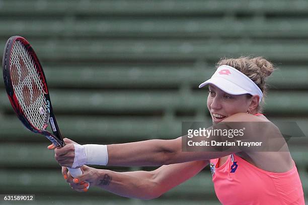 Yanina Wickmayer of Belgium plays a backhand shot in the womens final against Saurian Cirstea of Romania during day four of the 2017 Priceline...