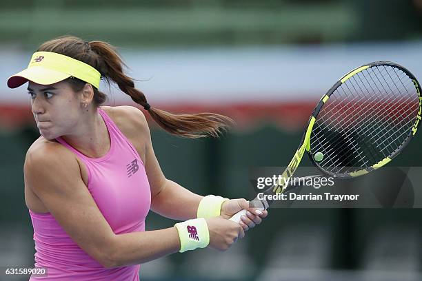 Saurian Cirstea of Romania plays a backhand shot in the womens final against Yanina Wickmayer of Belgium during day four of the 2017 Priceline...