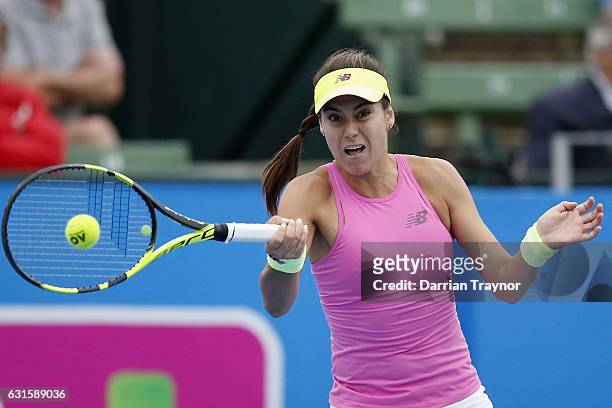 Saurian Cirstea of Romania plays a forehand shot in the womens final against Yanina Wickmayer of Belgium during day four of the 2017 Priceline...