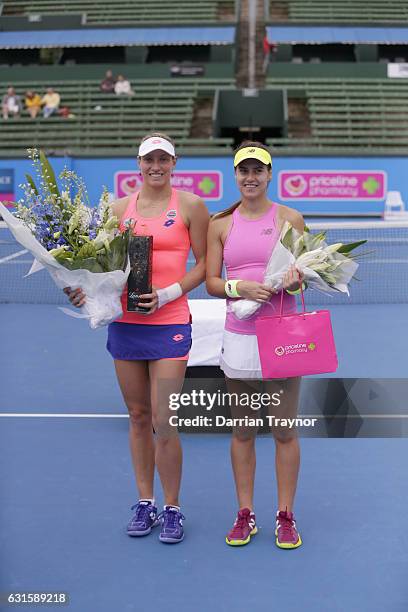 Women's champion Yanina Wickmayer of Belgiumand runner up Saurian Cirstea of Romaniapose for a photo during day four of the 2017 Priceline Pharmacy...