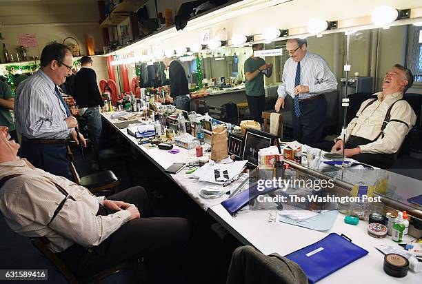 Christopher McDonald, seated, and Lewis J. Stadlen, standing, are seen in their dressing room backstage before a matinee of the broadway play, "The...