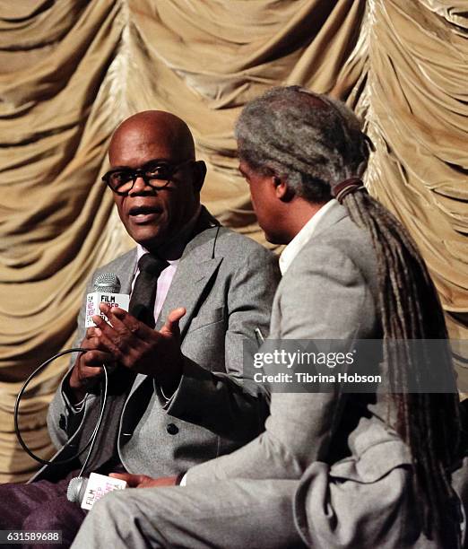 Samuel L. Jackson and Elvis Mitchell attend the premiere of Magnolia Pictures 'I Am Not Your Negro' at LACMA on January 12, 2017 in Los Angeles,...