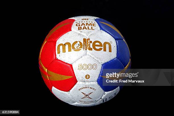 Illustration Molten IHF official game ball during the IHF Men's World Championship match between Spain and Iceland, preliminary round, at on January...