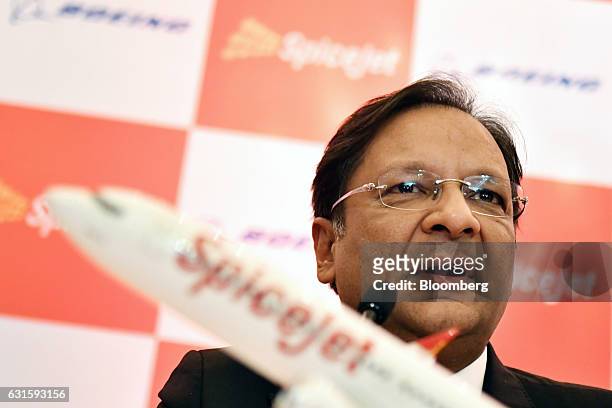 Ajay Singh, chairman of SpiceJet Ltd., speaks during a news conference in New Delhi, India, on Friday, Jan. 13, 2017. Boeing Co. Won an order for 205...