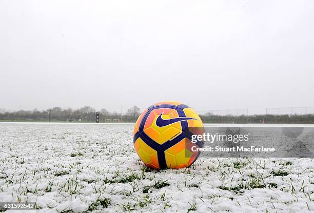 Snow on the pitches at the Arsenal training ground before a training session at London Colney on January 13, 2017 in St Albans, England.