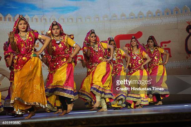 Haryanavi artists perform folk dance during the first Pravasi Haryana Divas, organised by Government of Haryana with Confederation of Indian Industry...
