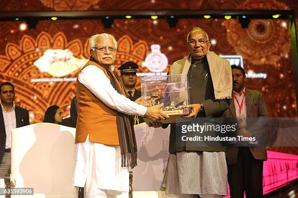 Haryana CM Manohar Lal Khattar with Governor of Haryana Kaptan Singh Solanki during the first Pravasi Haryana Divas, organised by Government of...