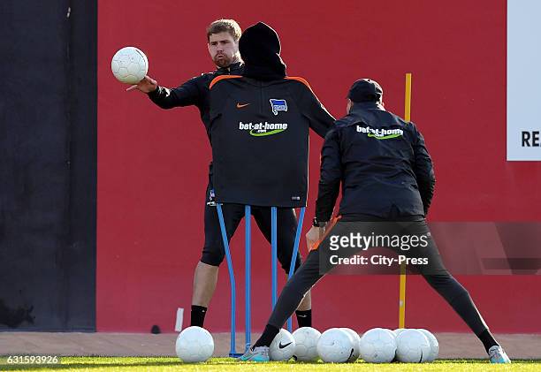 Thomas Kraft and goalkeepertrainer Zsolt Petry of Hertha BSC during the training camp on January 13, 2017 in Palma de Mallorca, Spain.