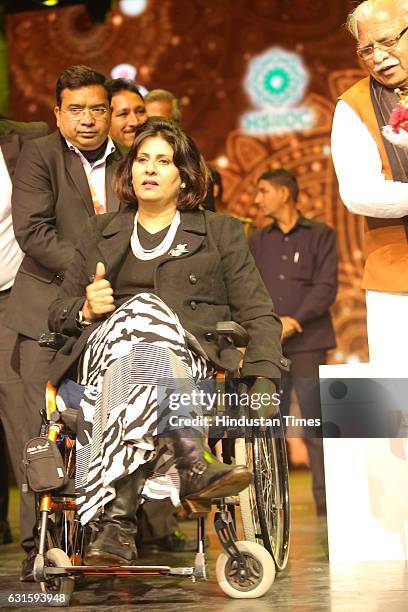 Olympic Medalist Deepa Malik with Haryana CM Manohar Lal Khattar during the first Pravasi Haryana Divas, organised by Government of Haryana with...