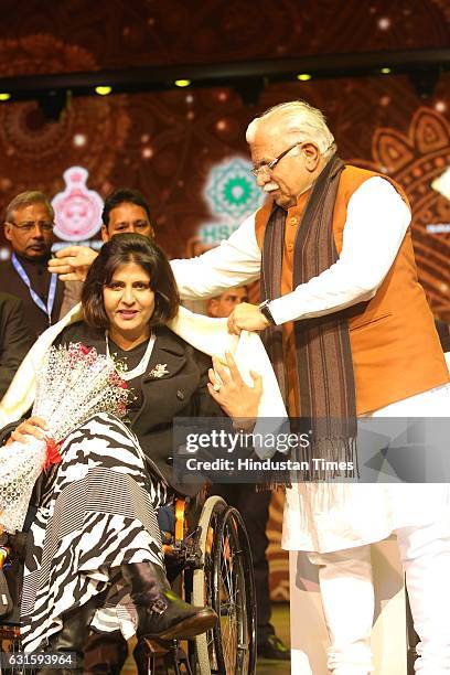 Olympic Medalist Deepa Malik with Haryana CM Manohar Lal Khattar during the first Pravasi Haryana Divas, organised by Government of Haryana with...