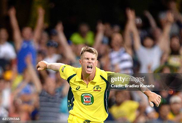 David Warner of Australia celebrates after taking a catch to dismiss Imad Wasim of Pakistan during game one of the One Day International series...