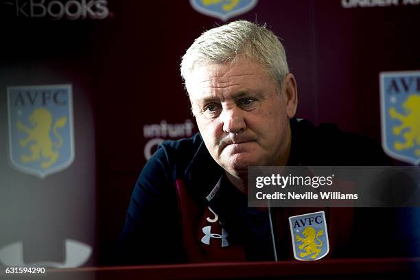 Steve Bruce manager of Aston Villa talks to the press during a press conference at the club's training ground at Bodymoor Heath on January 13, 2017...