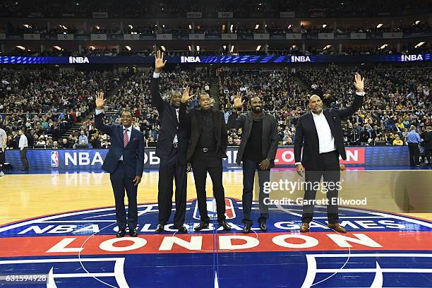 Legends Isiah Thomas, Dikembe Mutombo,Marcus Camby, Ronny Turiaf and John Amaechi wave to the crowd during the game as part of 2017 NBA London Global...