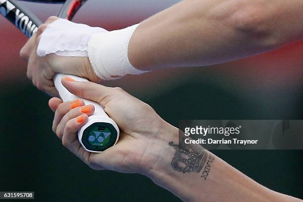 Detail shot of the tattoo of Yanina Wickmayer of Belgium during day four of the 2017 Priceline Pharmacy Classic at Kooyong on January 13, 2017 in...